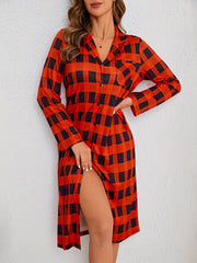 Plaid Print Button Lounge Dress Lapel Pocket Long Sleeve