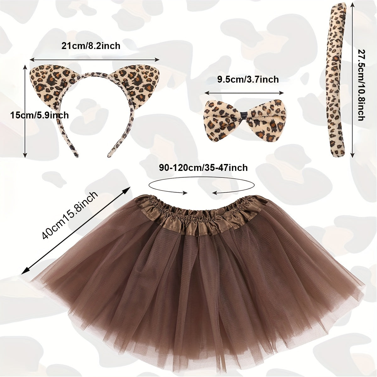 Leopard Cat Ears Headband Tail Bow Tie Short Skirt Dress Up Costume Set