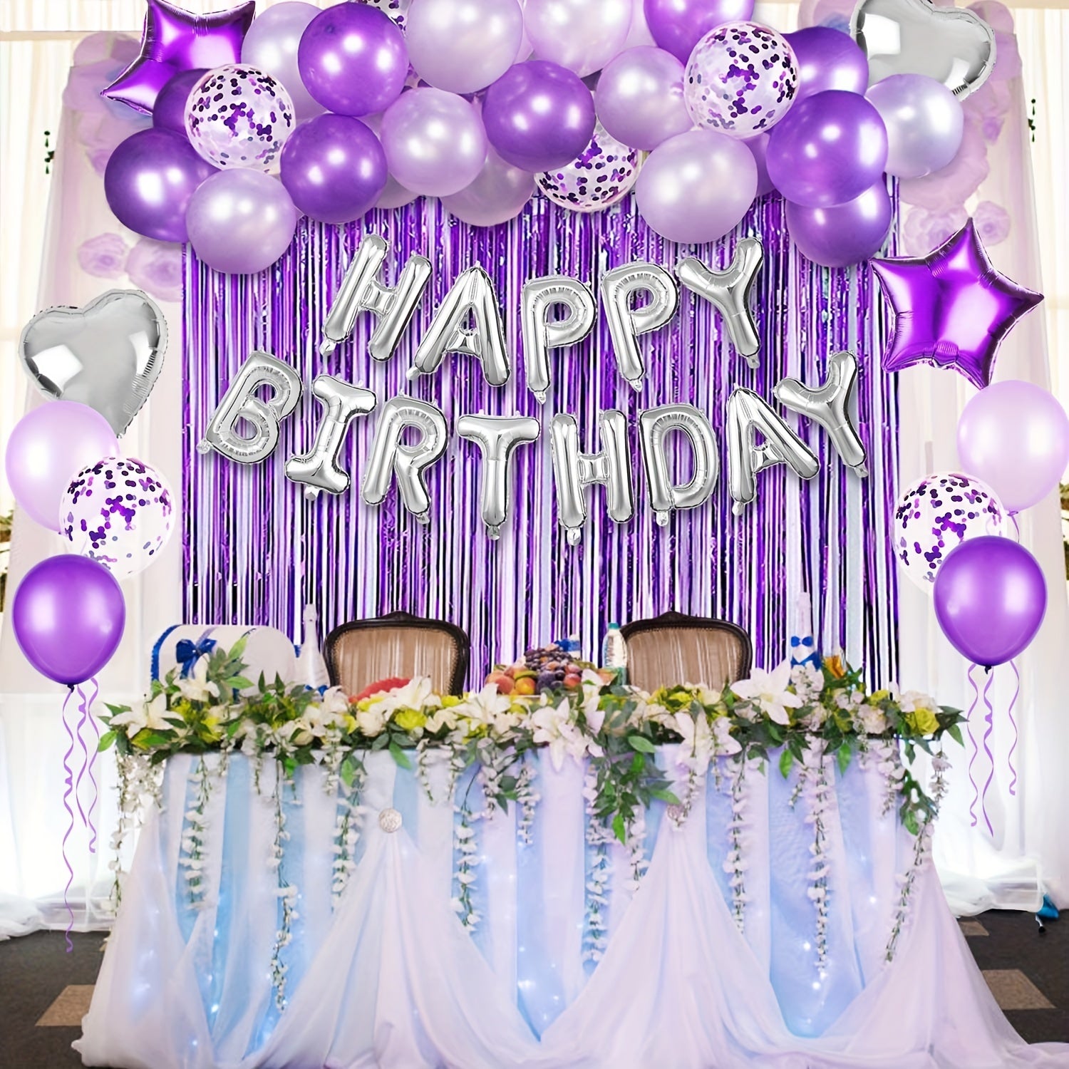 29pc Purple & Silver Birthday Balloon Set with Fringe Curtain