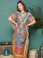  Boho Cover Up African Ethnic Print Bat Sleeve V Neck Split Dress