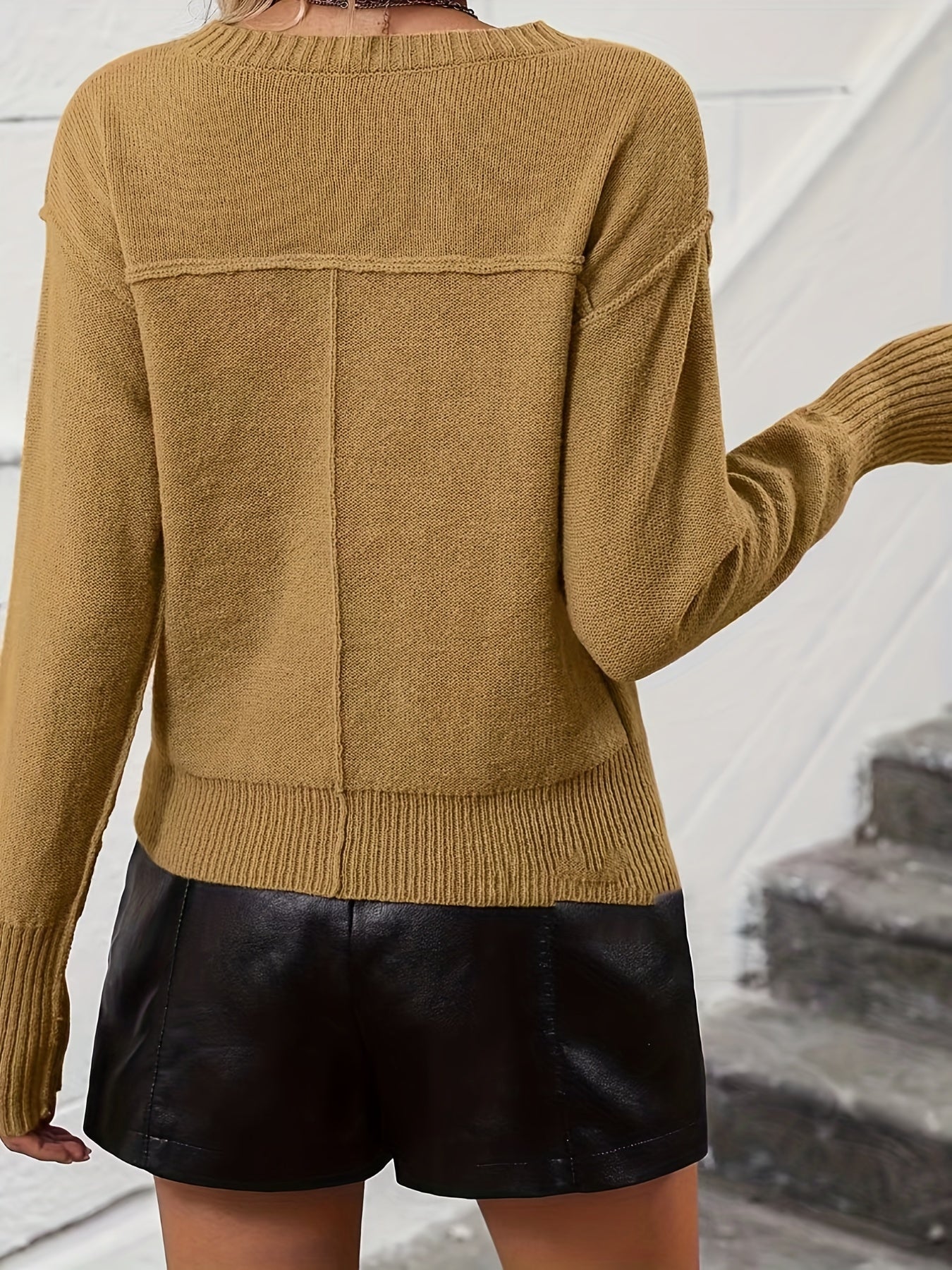  Casual Sweater Solid Stitching V Neck Long Sleeve Pullover