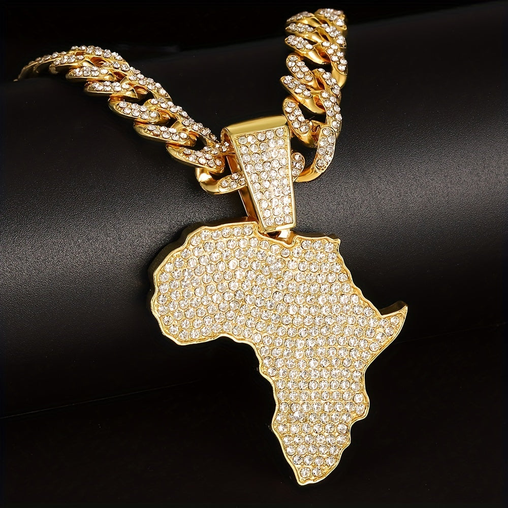 Men's Zircon Inlaid Map Pendant with Cuban Chain Necklace