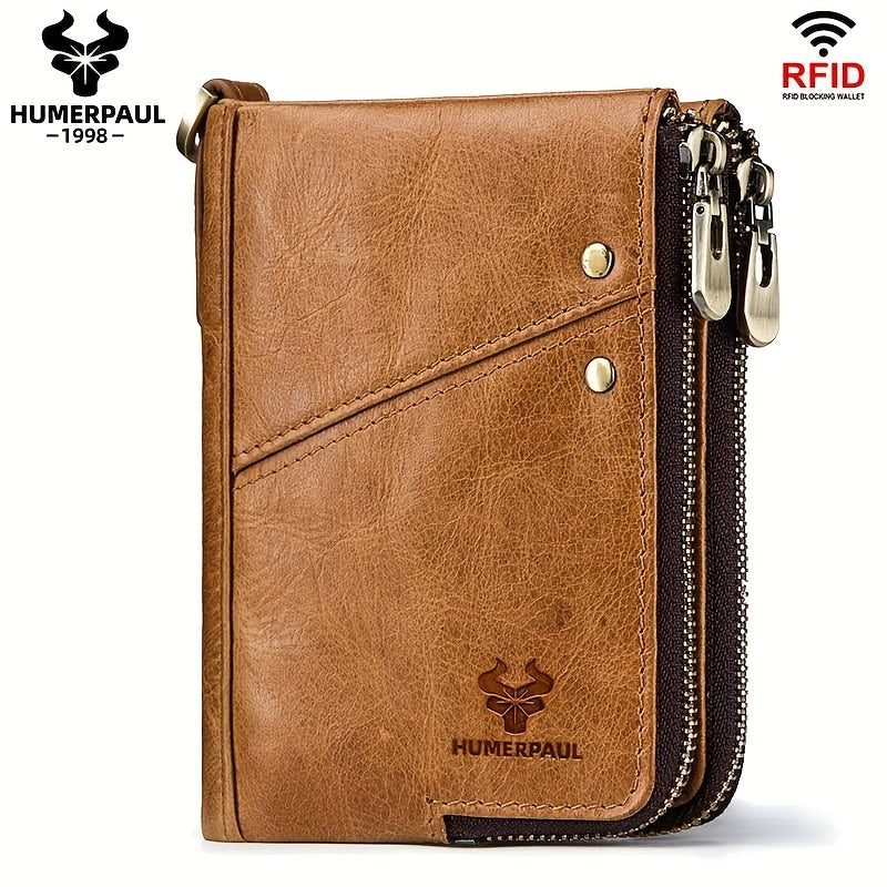 RFID Card Holder Leather Money Bag Double Zipper Male Clutch