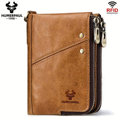 RFID Card Holder Leather Money Bag Double Zipper Male Clutch