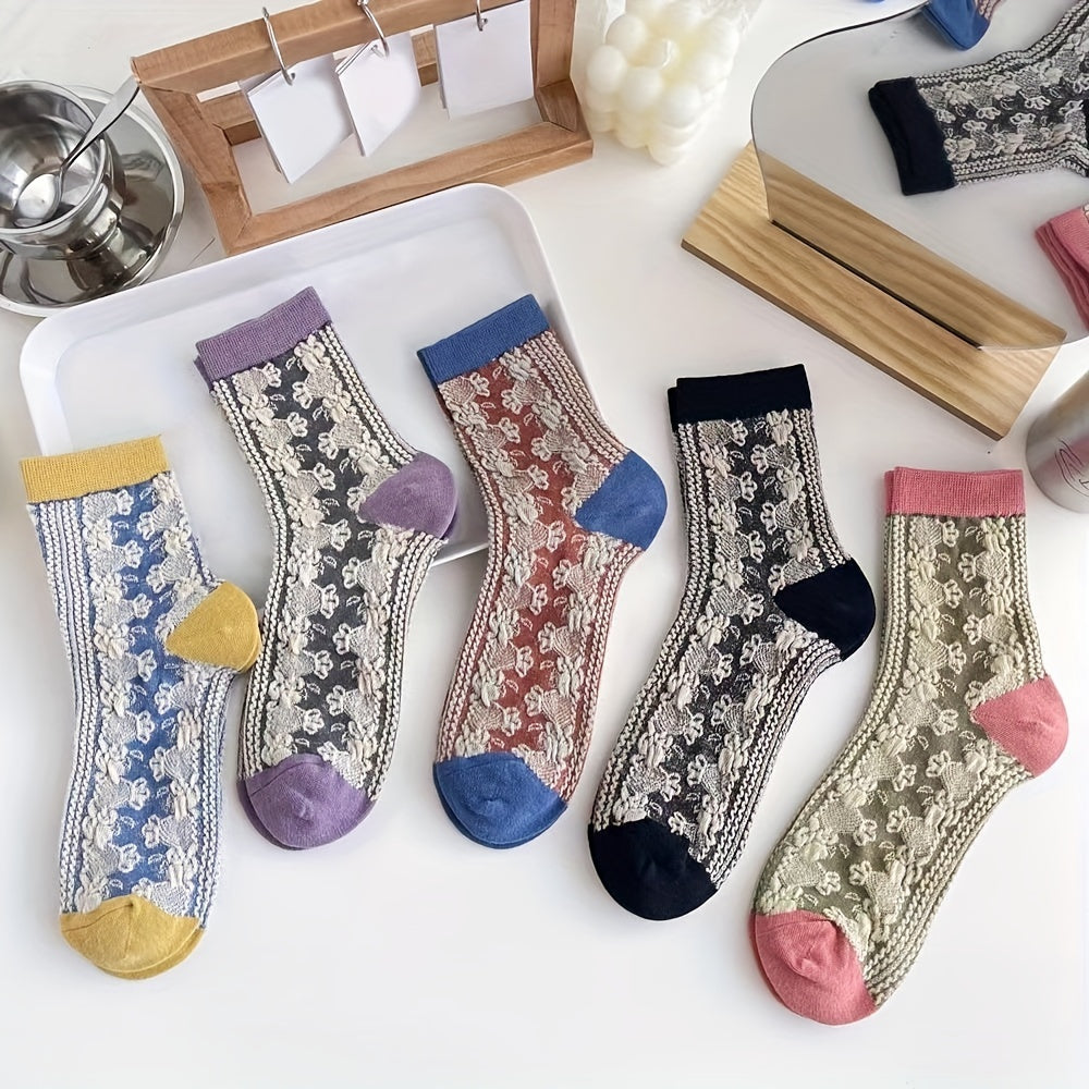 5 Pairs Floral Print Socks Retro Style Colorblock Stockings