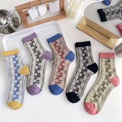 5 Pairs Floral Print Socks Retro Style Colorblock Stockings