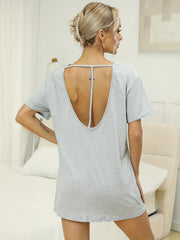 Comfy Short Sleeve Lounge Dress Hollow Out Back Crew Neck Home Dress