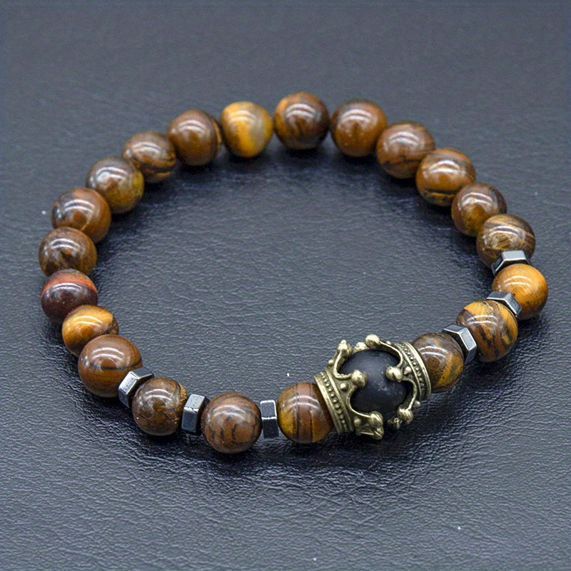 Crown Tiger Eye Bead Bracelet Men's Jewelry