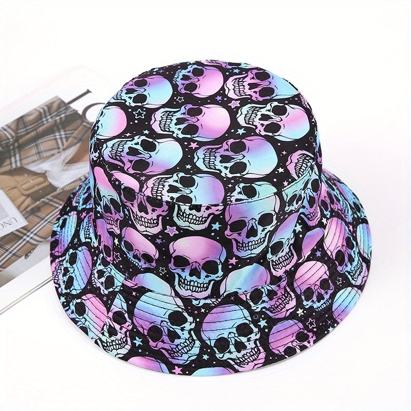 Purple Skull Print Bucket Hat Halloween Fisherman Cap