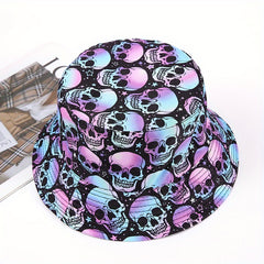 Purple Skull Print Bucket Hat Halloween Fisherman Cap