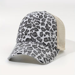 Leopard Print Ponytail Baseball Cap Mesh Trucker Hat
