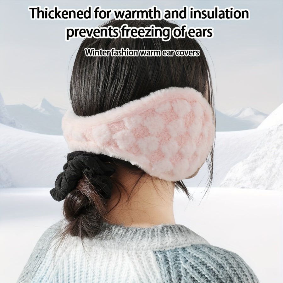 Women's Plush Earmuffs Soft Checkered Pattern Windproof & Warm Fit Cold Weather