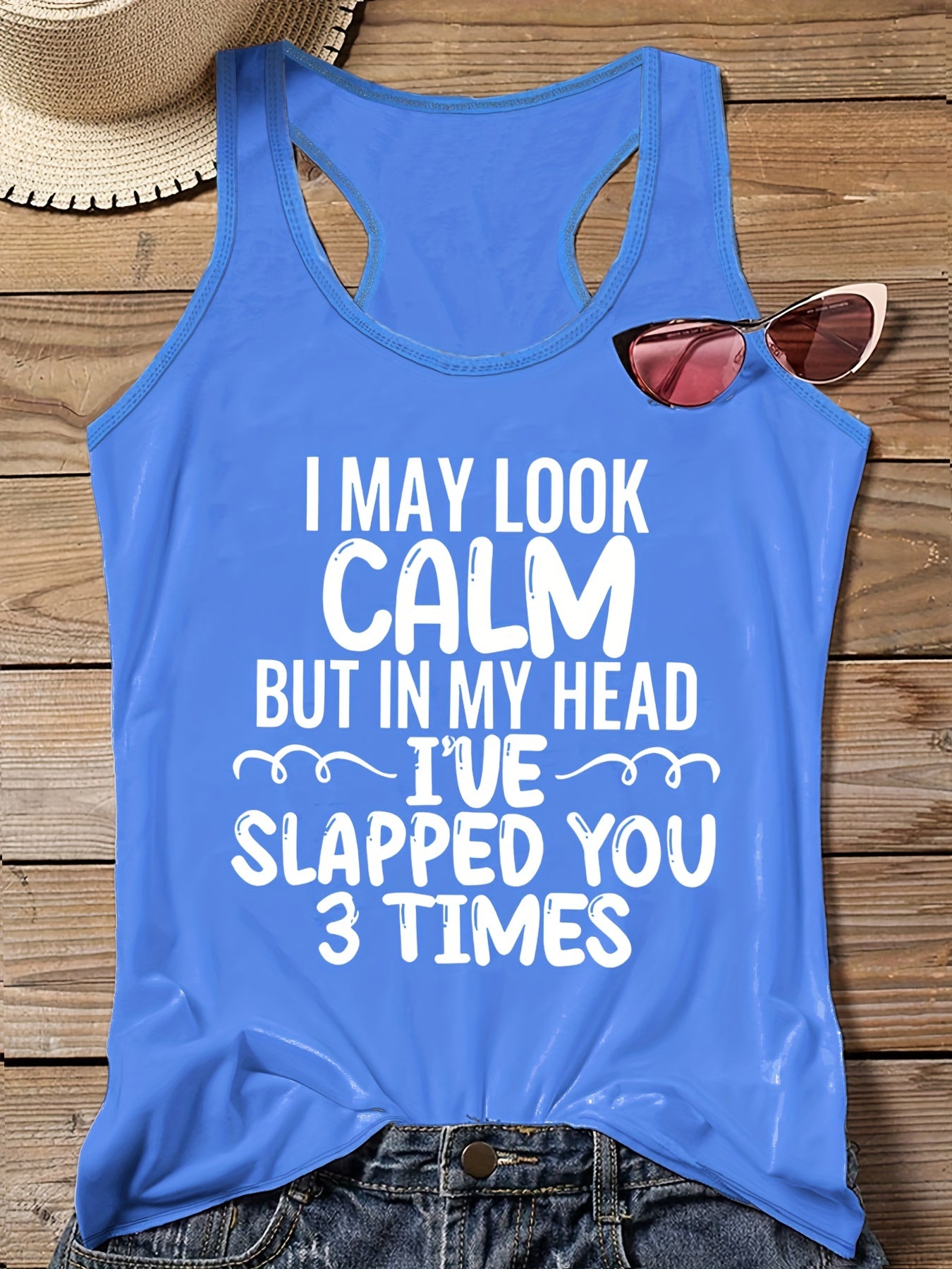  Casual Tank Top Women's Plus Slogan Print Round Neck Vest Top