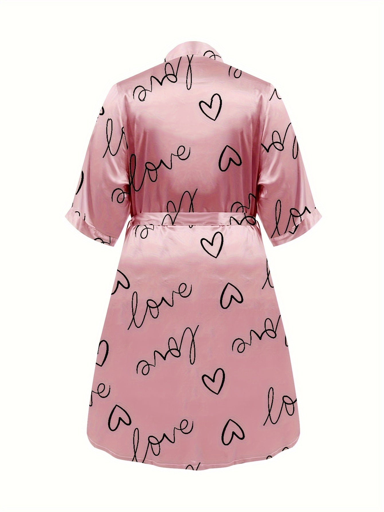  Heart Print Robe & Cami Satin Loungewear Set