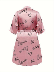  Heart Print Robe & Cami Satin Loungewear Set