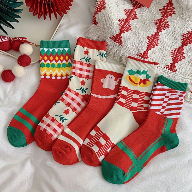 5 Pairs Christmas Print Socks Women's Mid Tube Stockings
