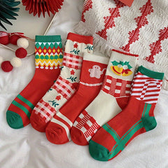 5 Pairs Christmas Print Socks Women's Mid Tube Stockings