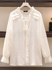  Casual Blouse Solid Ruffle V Neck Top
