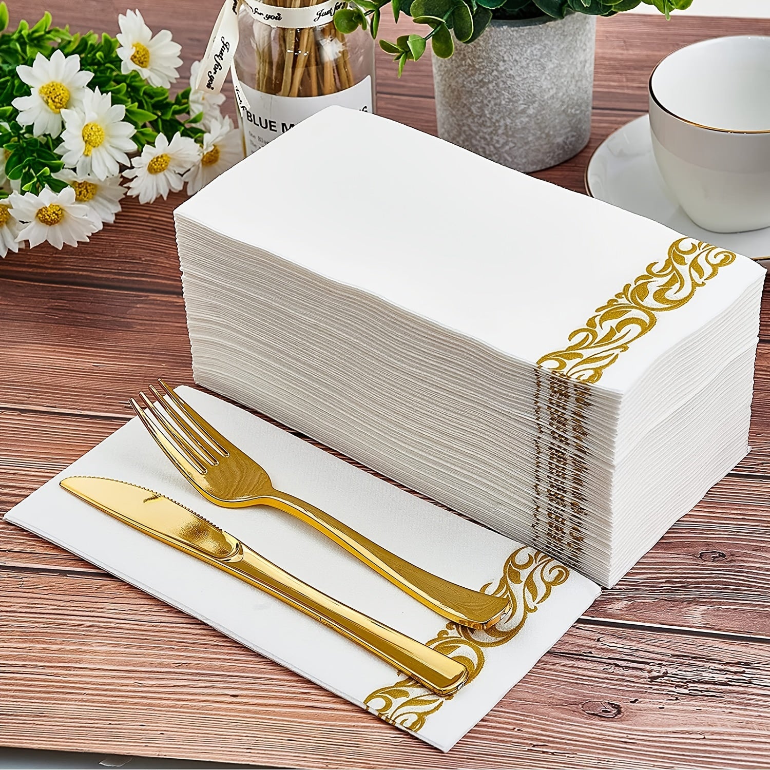50pcs Golden Floral Disposable Hand Towels for Weddings