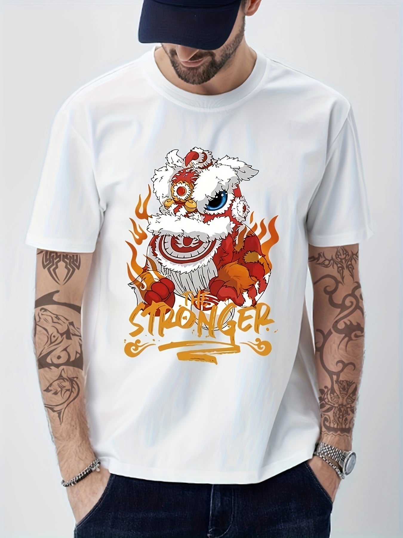 Cotton Stronger & Lion Dance Print Men's Graphic Crew Neck T-shirt