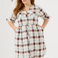  Women's Plaid Print Long Sleeve V Neck Shirt Dress