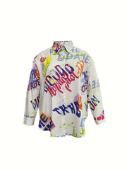  Letter Print Button Up Long Sleeve Blouse