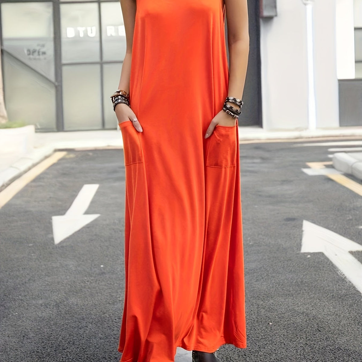  Solid V Neck Stretch Maxi Tank Dress With Pockets