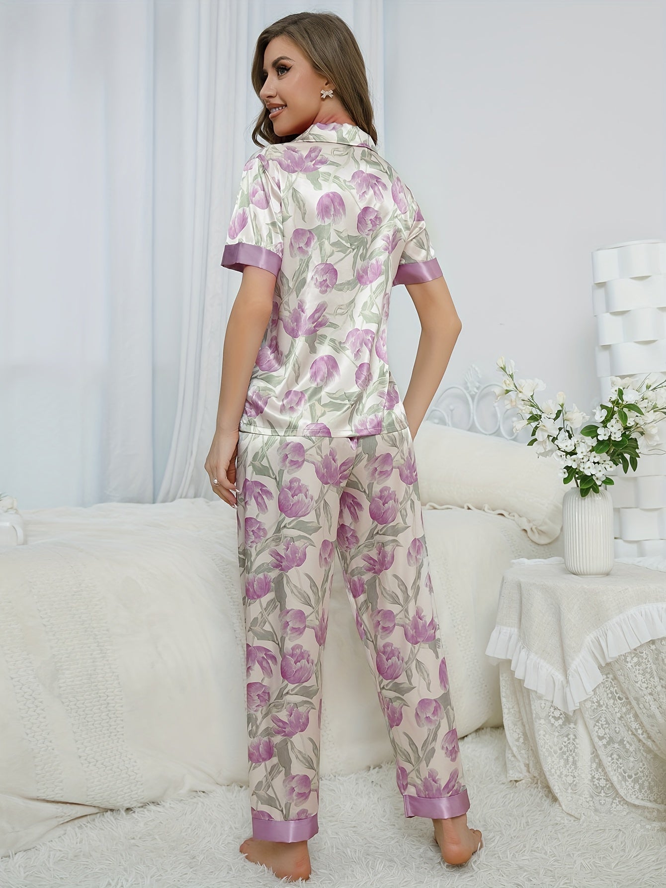 Floral Print Pajama Set Short Sleeve Button Up Top & Pants Women's Sleepwear