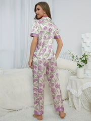 Floral Print Pajama Set Short Sleeve Button Up Top & Pants Women's Sleepwear