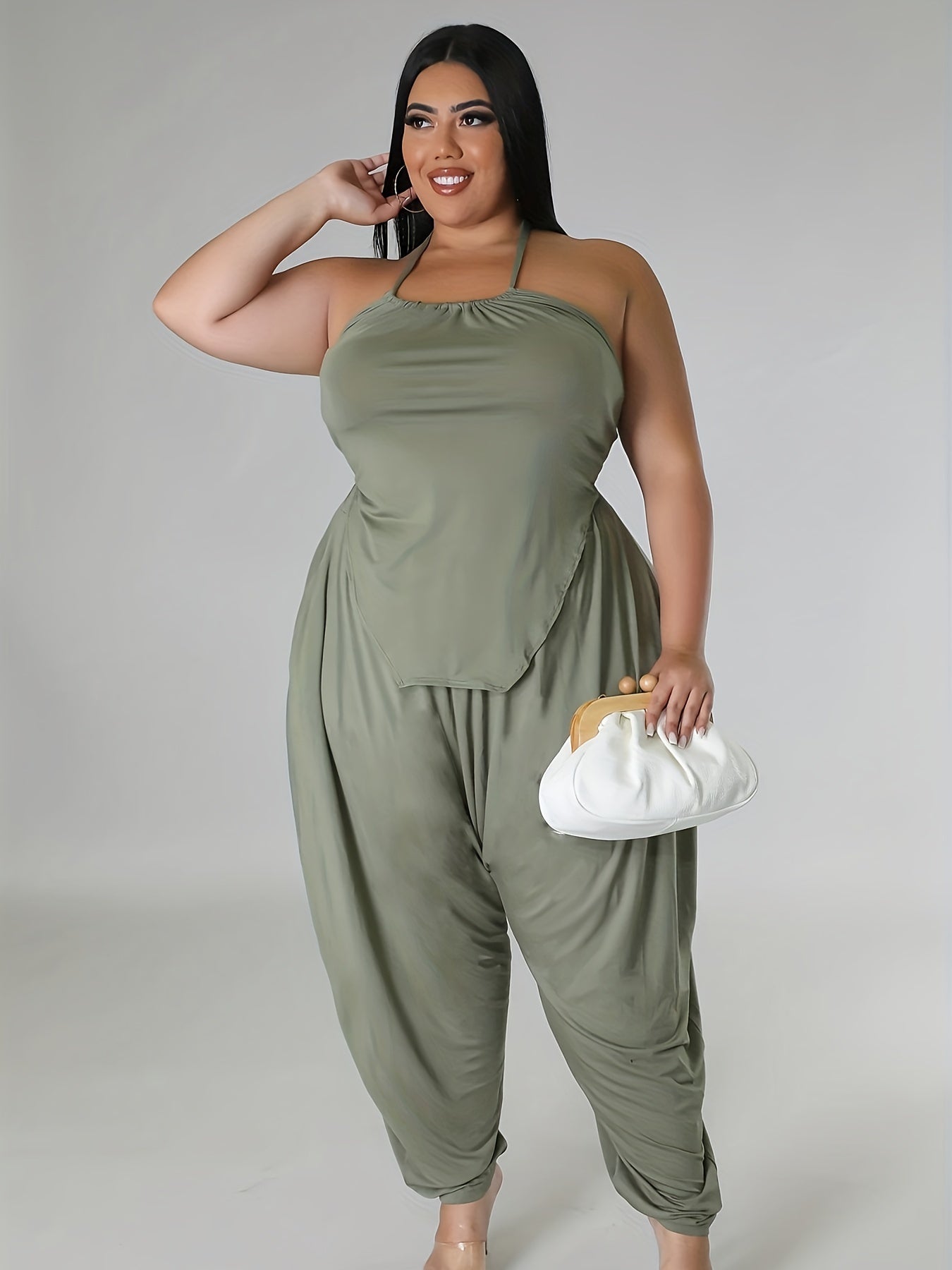  Solid Halter Neck Tie Back Cami Top & Harem Pants Set