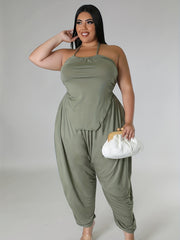  Solid Halter Neck Tie Back Cami Top & Harem Pants Set