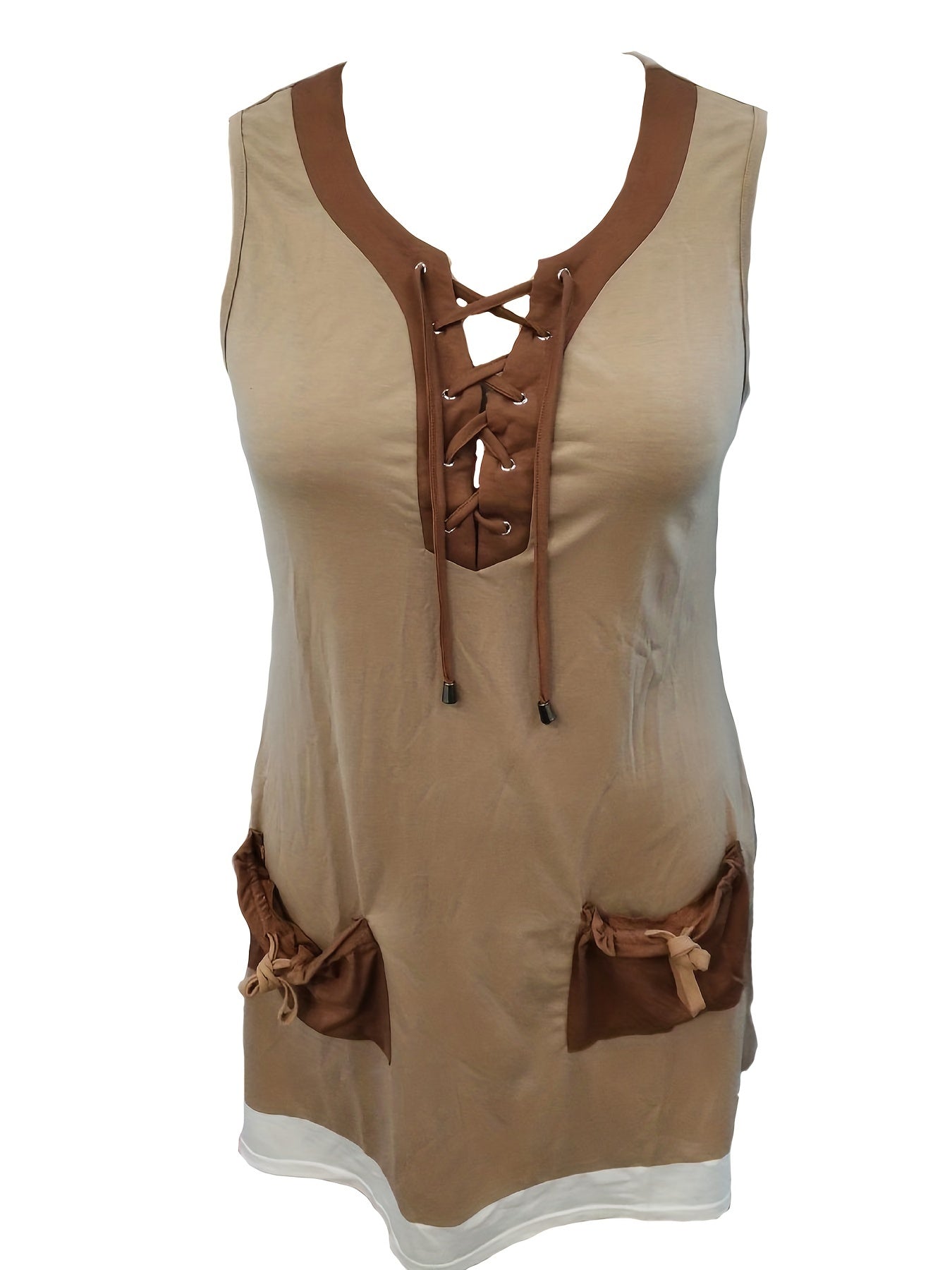  Colorblock Tank Dress with Drawstring V Neck