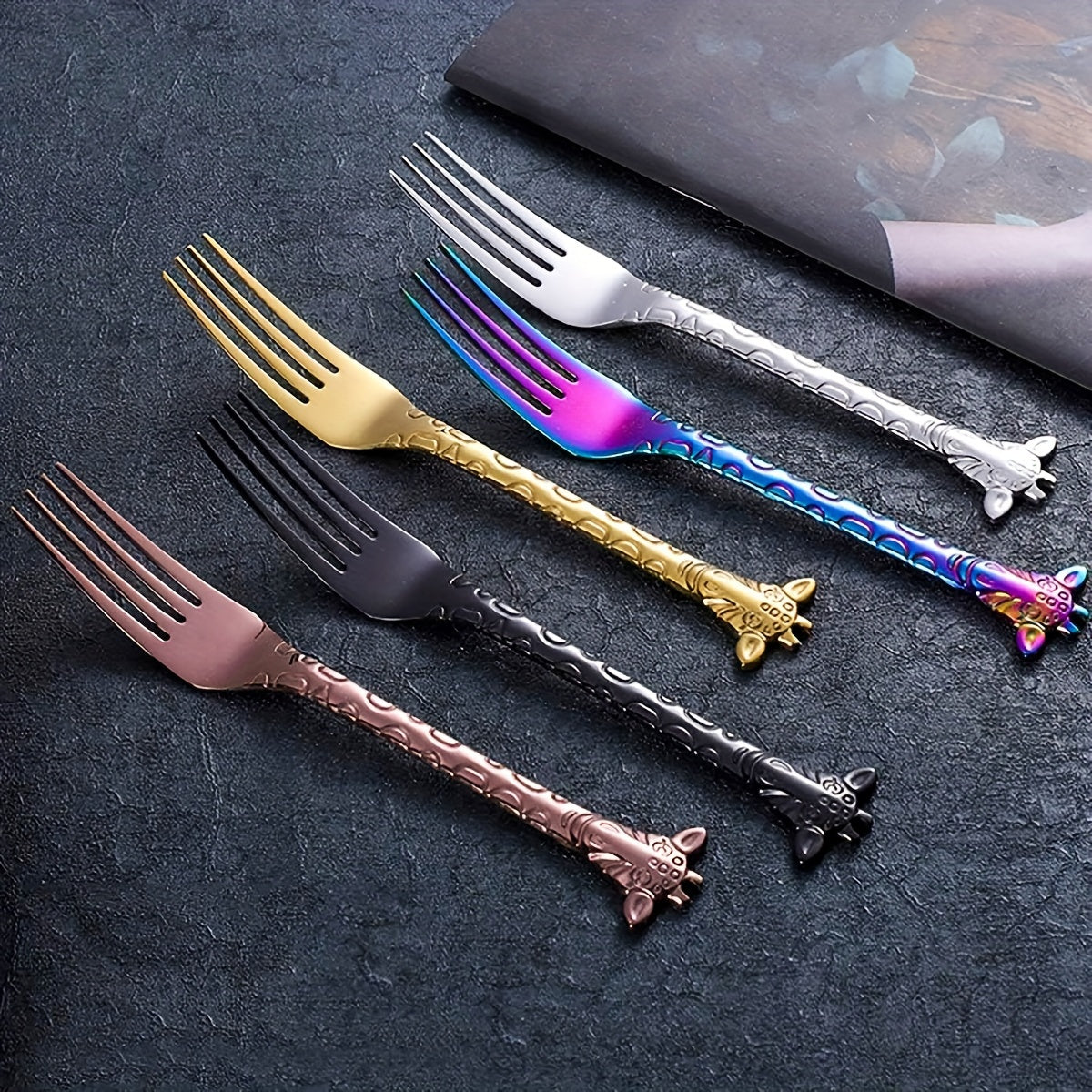 5PCS Giraffe Stainless Steel Dessert Spoon & Fork Animal Fruit Fork Mixing Spoon