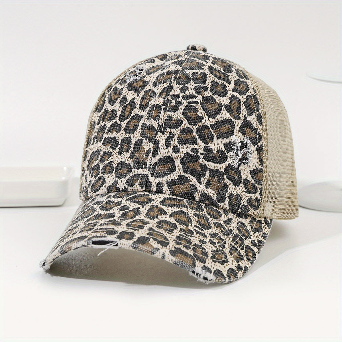 Leopard Print Ponytail Trucker Hat Dad Cap for Women