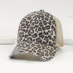 Leopard Print Ponytail Trucker Hat Dad Cap for Women