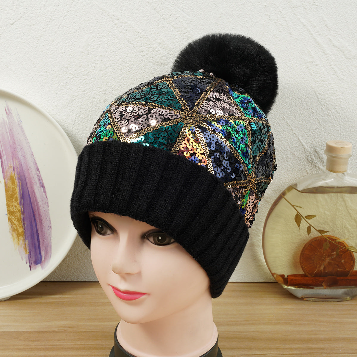 Glitter Sequins Winter Beanie Hat with Faux Fur Pom Pom