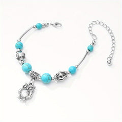 Vintage Silver Turquoise Butterfly Bracelet Chain Beads Bangle Wedding Gift