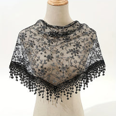 Floral Embroidery Triangle Scarf Lace Tassel Head Wrap