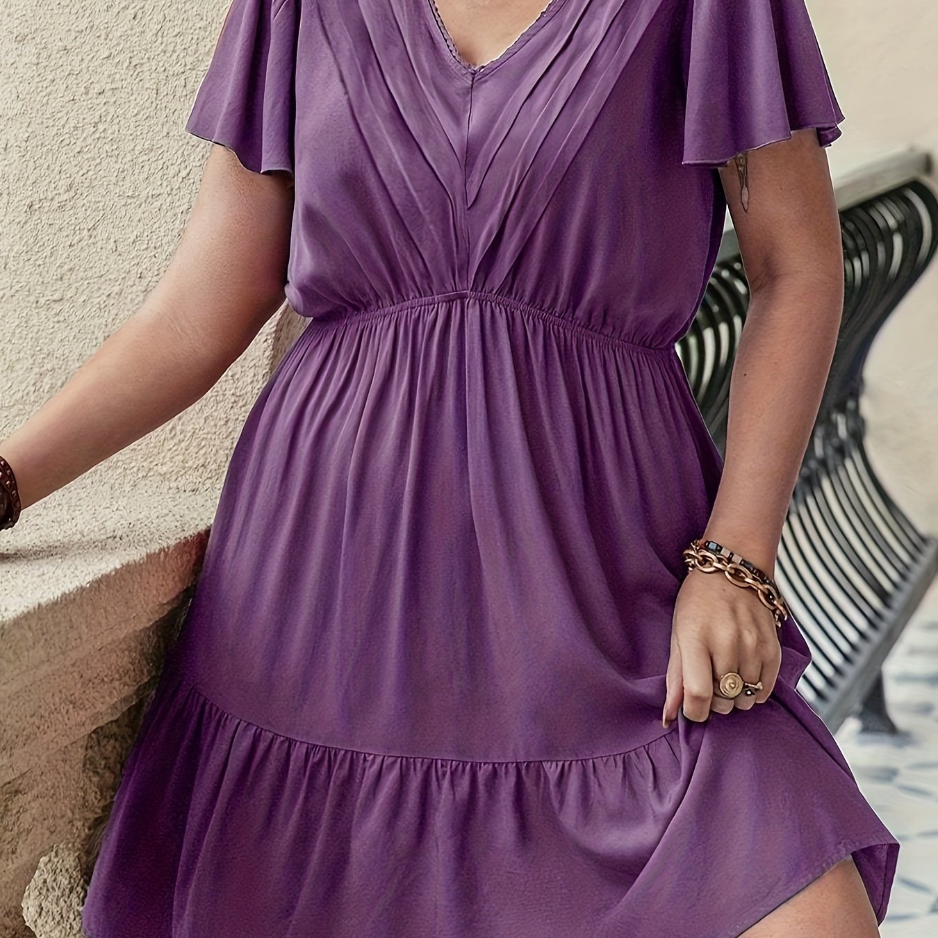  Solid V Neck Mini Smock Dress