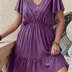  Solid V Neck Mini Smock Dress