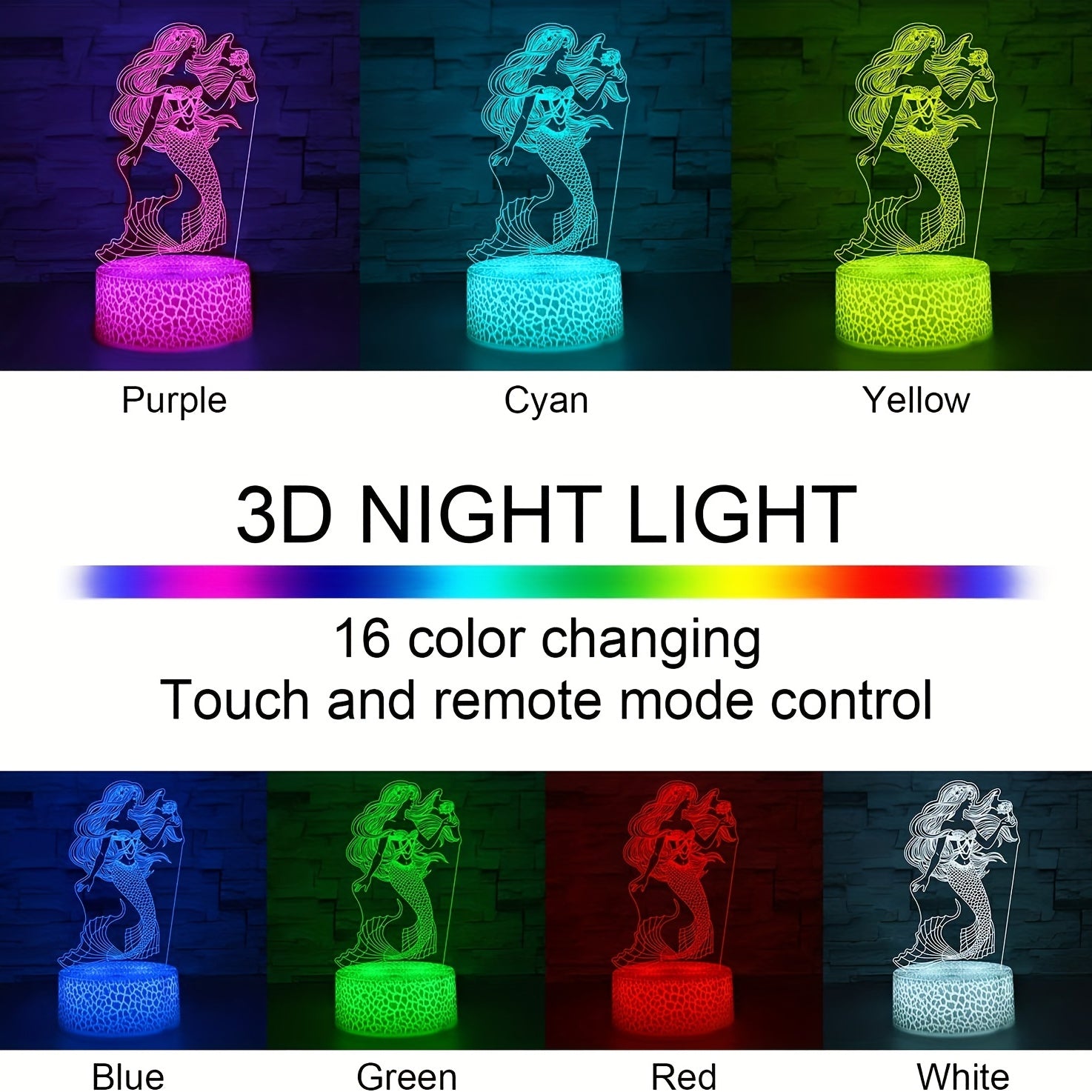 Mermaid 3D Illusion Lamp - The Little Mermaid LED Night Light - 16 Colors