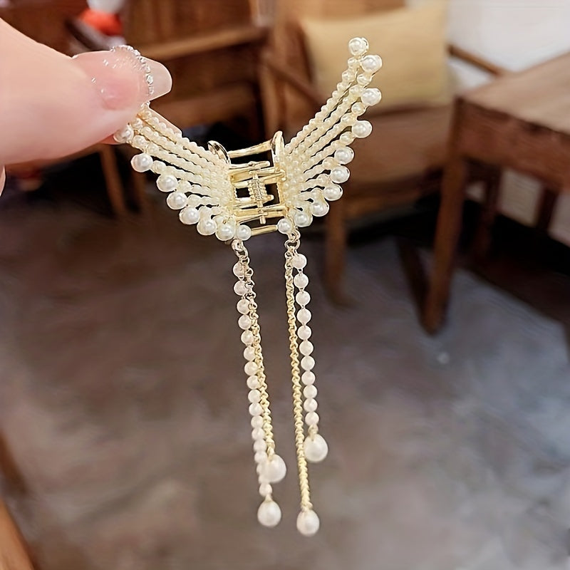 Faux Pearl Tassel Butterfly Hair Claw Clip Golden