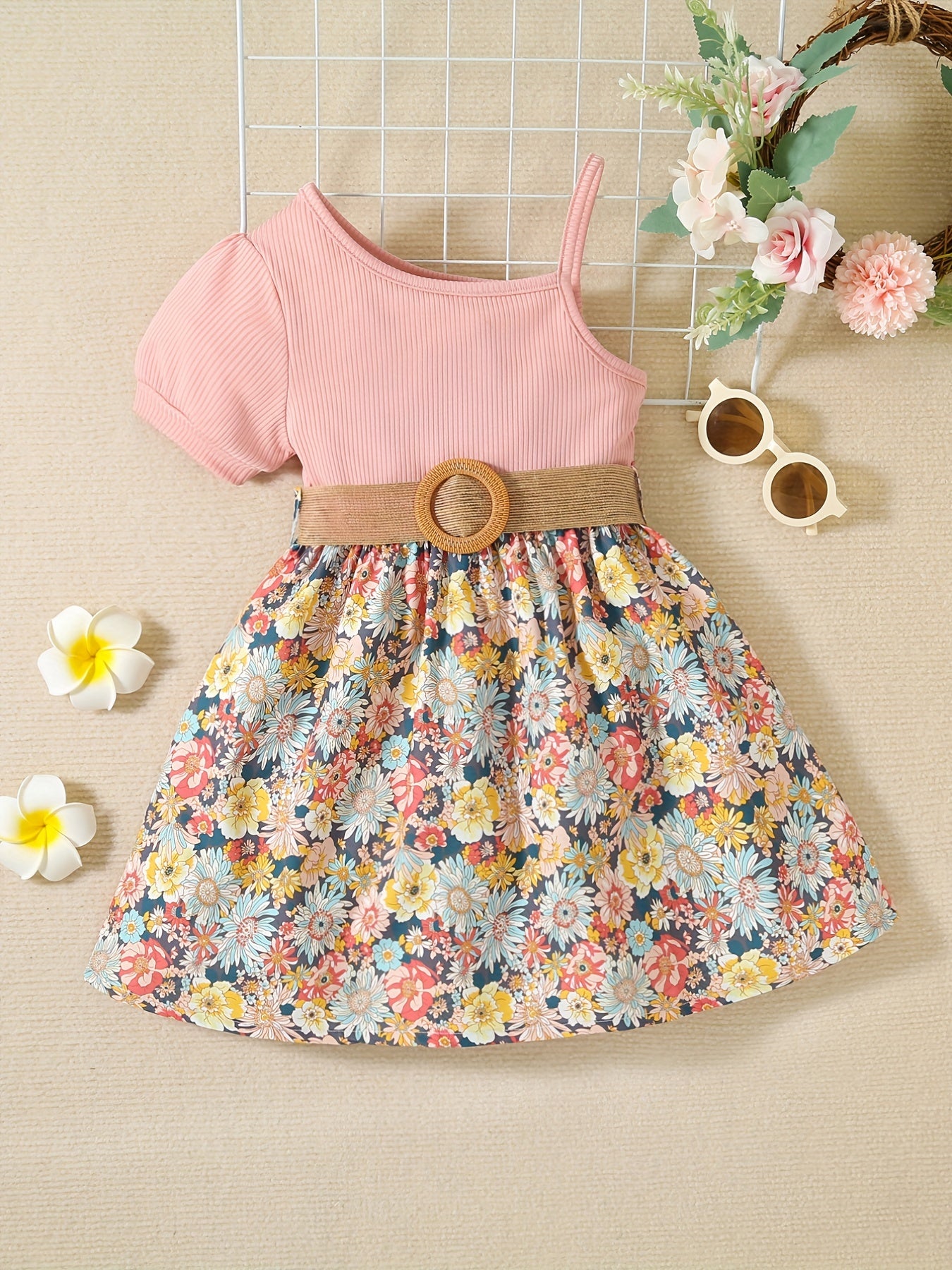 Girls Short Bubble Sleeve Floral Dress Kids Summer Clothes