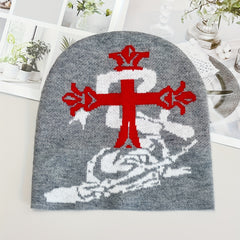 Snake Cross Jacquard Gothic Beanie Gray Skull Cap Y2K Knit Hat