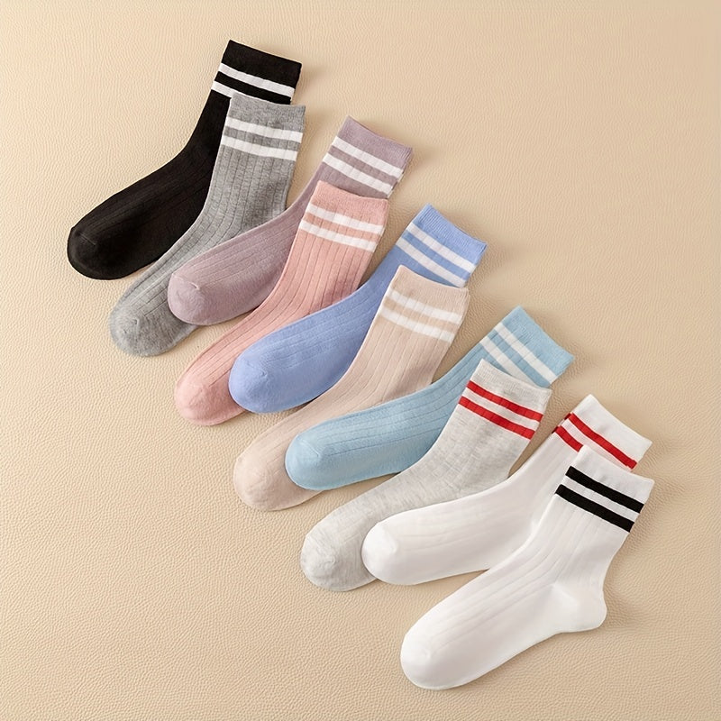10 Pairs Striped Crew Socks Breathable Women's Stockings