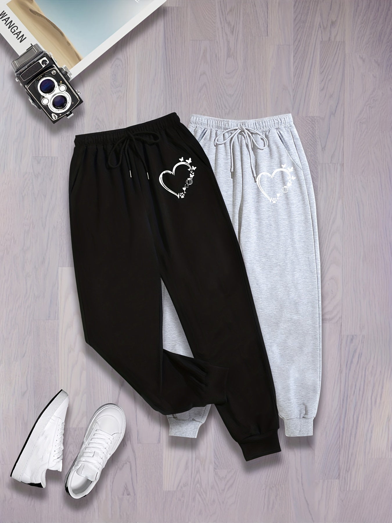 2 Pack Plus Size Casual Sports Pants Women's Plus Butterfly & Heart Print