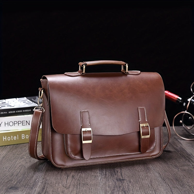 Business PU Leather Briefcase Men's Shoulder Messenger Bag Horizontal Retro