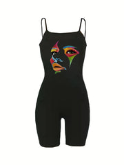 Print Spaghetti Strap Romper Jumpsuit Casual Sleeveless Slim Romper Jumpsuit