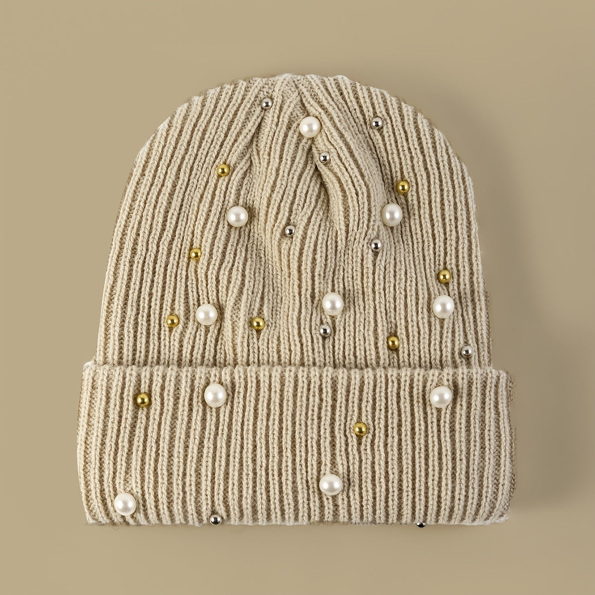 Faux Pearl Beanie Hat Classic Winter Warm Knitted Hat For Women
