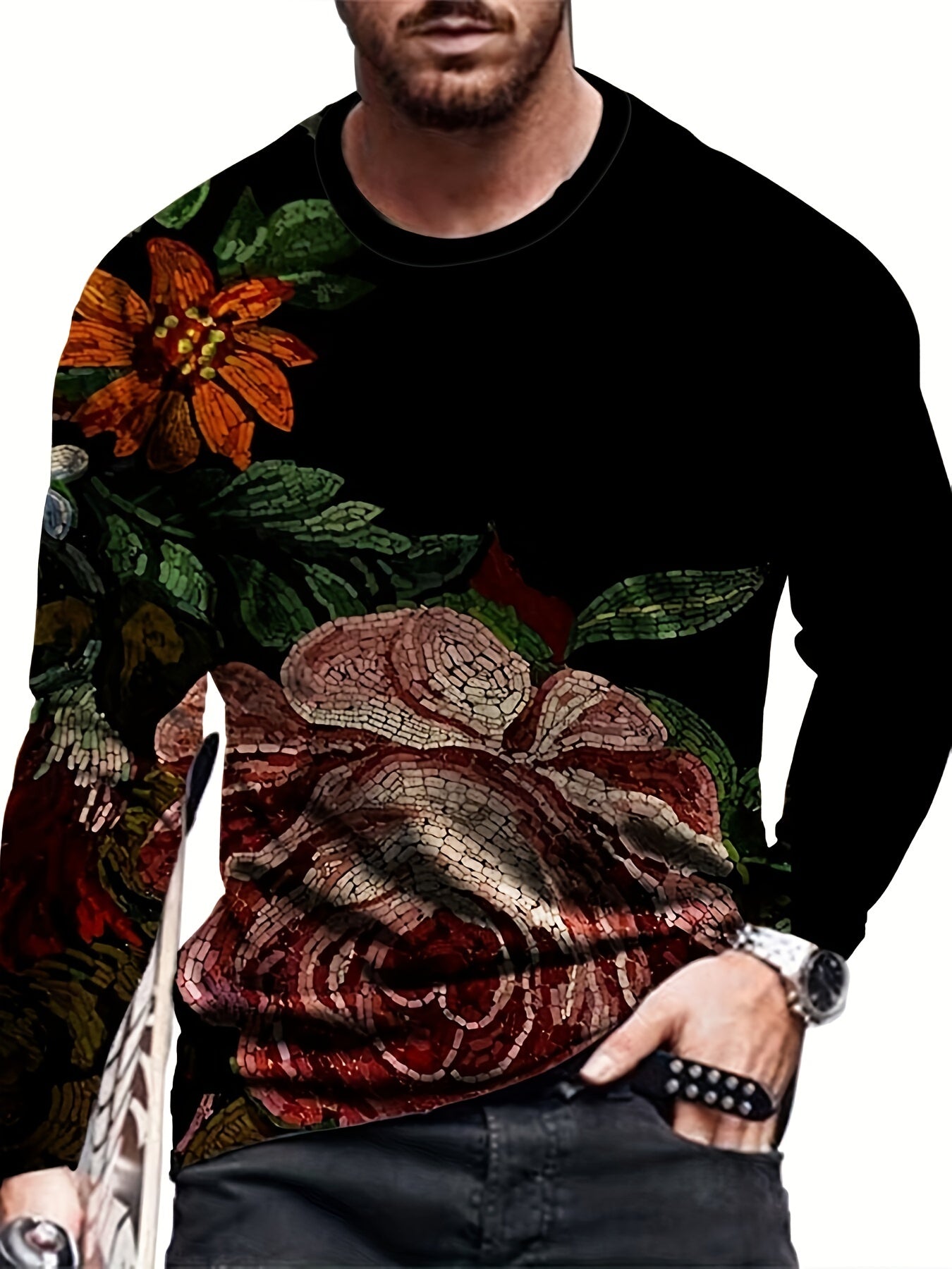 Colorful Flowers Print Men's Long Sleeve Novelty T shirt